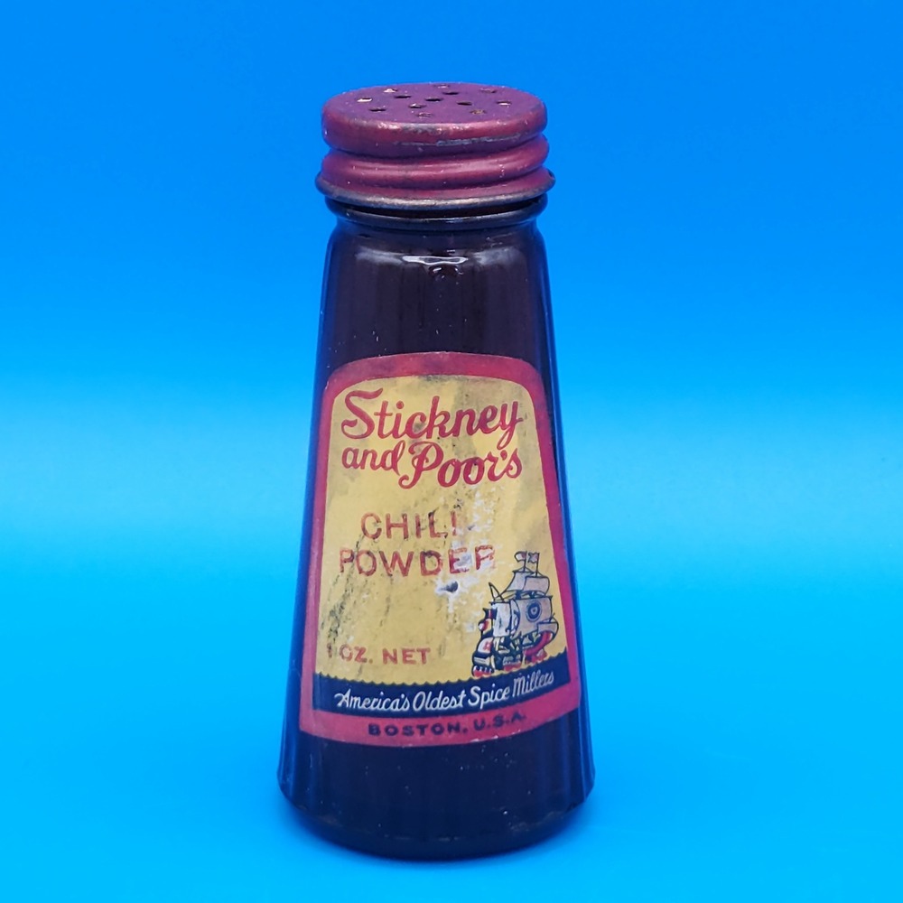 Vintage Stickney and‎ Poors Amber Hazel Atlas Glass Bottle of Chili Powder